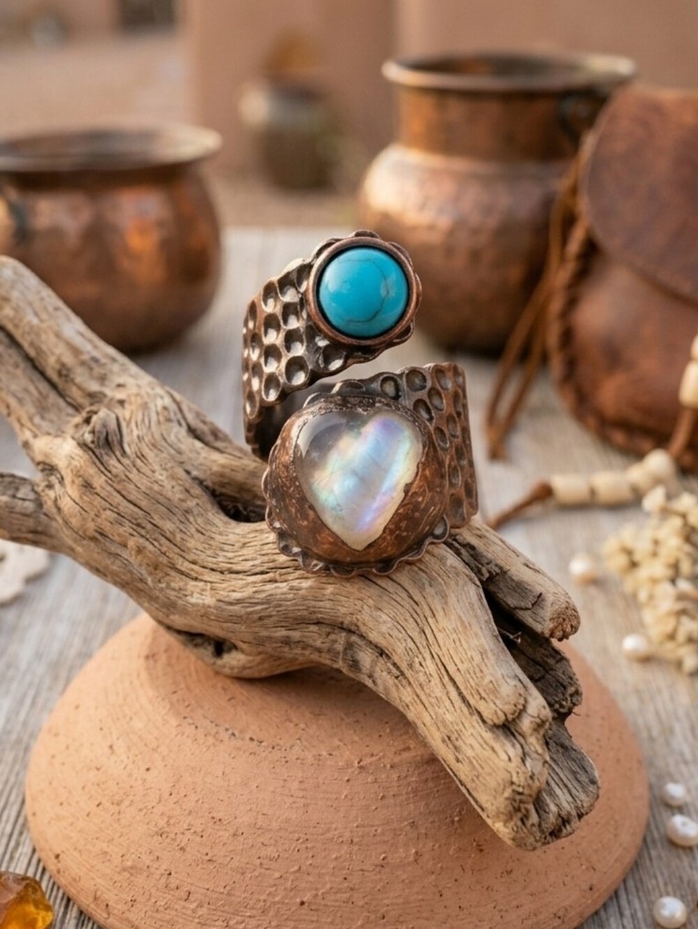 Rainbow Moonstone Heart Ring Bronze Turquoise Boho Snake Skin Western Ring